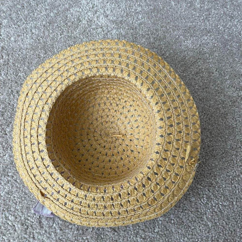 Kids Straw Sun Hat Floppy Brim Purple Floral Ribbon Bow Summer Beach‎